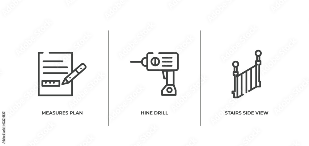 do it yourself outline icons set. thin line icons sheet included measures plan, hine drill, stairs side view vector.