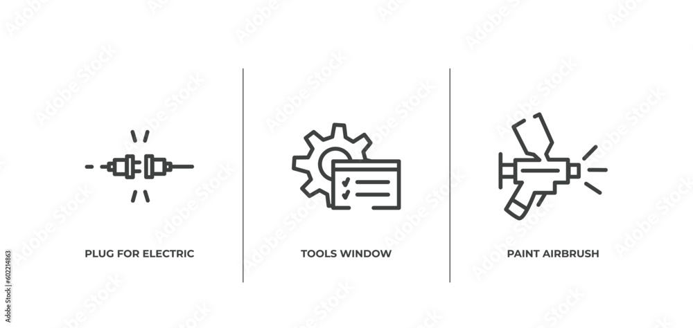 tools and hinery outline icons set. thin line icons sheet included plug for electric connection, tools window, paint airbrush vector. tools and hinery outline icons set. thin line icons sheet included plug for electric connection, tools window, paint airbrush vector.