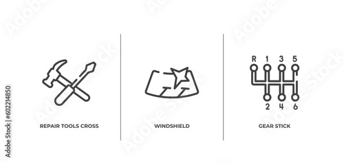 car repair outline icons set. thin line icons sheet included repair tools cross, windshield, gear stick vector.