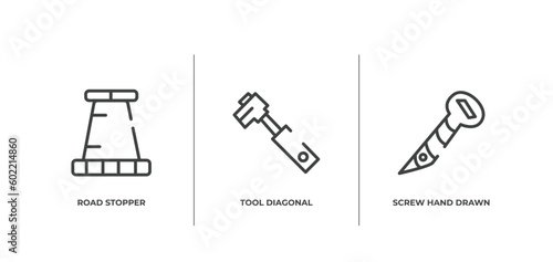 hand drawn construction outline icons set. thin line icons sheet included road stopper, tool diagonal, screw hand drawn tool vector.