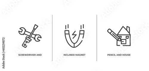 hand drawn construction outline icons set. thin line icons sheet included screwdriver and doble wrench, inclined magnet, pencil and house draw vector.