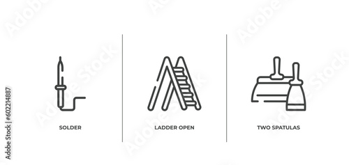 tools and hinery outline icons set. thin line icons sheet included solder, ladder open, two spatulas vector.