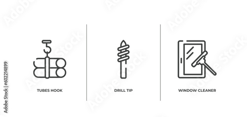 housekeeping outline icons set. thin line icons sheet included tubes hook, drill tip, window cleaner vector.
