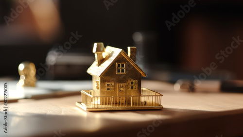 Small golden house statue on work desk. Symbol of real estate and property investment. Generative AI