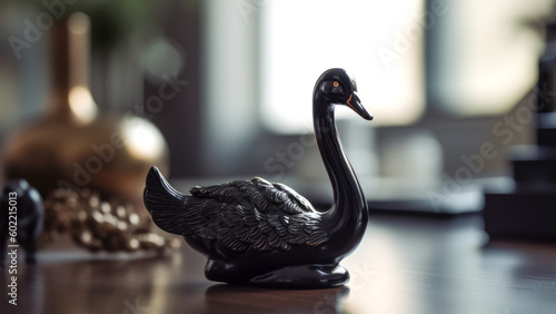 Fototapeta Naklejka Na Ścianę i Meble -  Small black swan statue on work desk. Symbol of unpredictable event in financial and stock markets. Generative AI