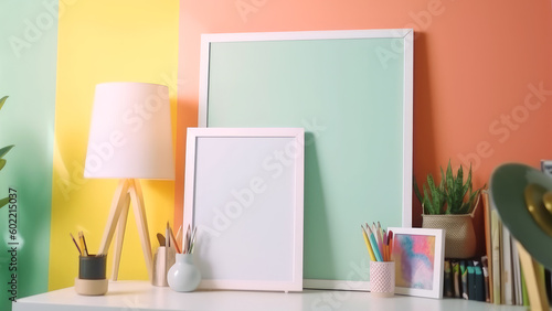 Blank photo frame on work desk for mockup. Empty white frame in front of colorful wall. Generative AI 