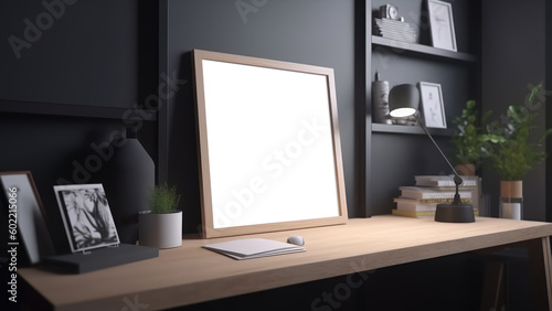 Blank wooden photo frame on work desk for mockup. Empty wooden frame in front of black wall. Generative AI  © Alan Luk