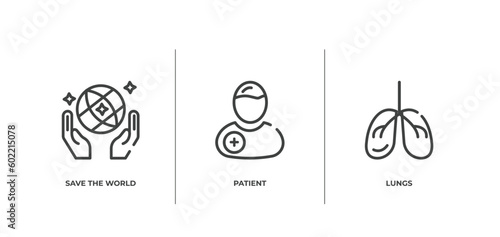 outline icons set. thin line icons sheet included save the world, patient, lungs vector.