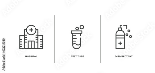 outline icons set. thin line icons sheet included hospital, test tube, disinfectant vector.