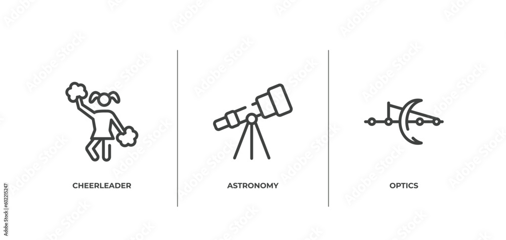 physics outline icons set. thin line icons sheet included cheerleader, astronomy, optics vector.