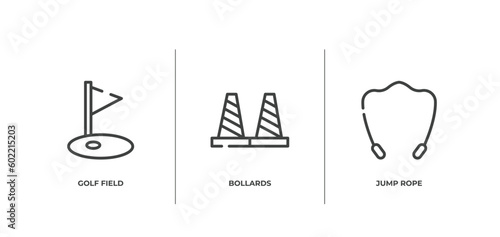 kindergarten outline icons set. thin line icons sheet included golf field, bollards, jump rope vector.