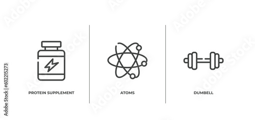 healthy life outline icons set. thin line icons sheet included protein supplement, atoms, dumbell vector.