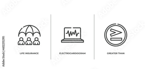 math symbols outline icons set. thin line icons sheet included life insurance, electrocardiogram, greater than vector.