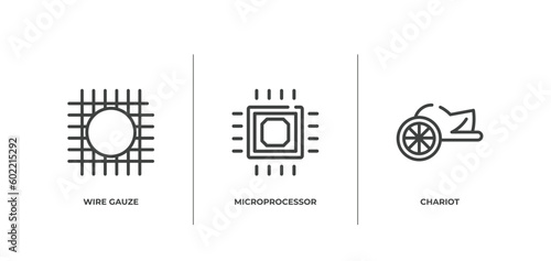 history outline icons set. thin line icons sheet included wire gauze, microprocessor, chariot vector.