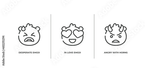 emoji outline icons set. thin line icons sheet included desperate emoji, in love emoji, angry with horns vector.