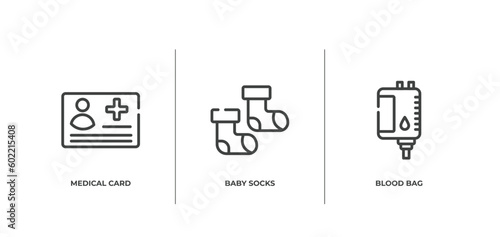 blood donation outline icons set. thin line icons sheet included medical card, baby socks, blood bag vector.