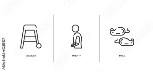 biochemistry and medicine outline icons set. thin line icons sheet included walker, injury, mice vector.