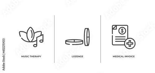 phary outline icons set. thin line icons sheet included music therapy, lozenge, medical invoice vector.