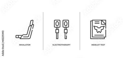 mental health outline icons set. thin line icons sheet included inhalator, electrotherapy, inkblot test vector.