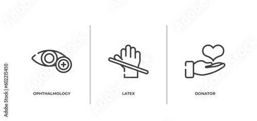 blood donation outline icons set. thin line icons sheet included ophthalmology, latex, donator vector. photo