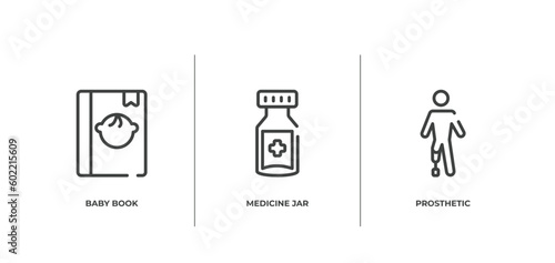 disabled people outline icons set. thin line icons sheet included baby book, medicine jar, prosthetic vector.
