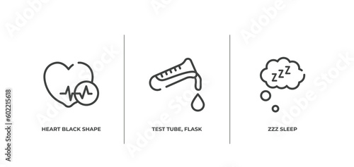 medicine and health outline icons set. thin line icons sheet included heart black shape, test tube, flask and drop of blood, zzz sleep vector.