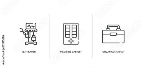 medical instruments outline icons set. thin line icons sheet included ventilator, medicine cabinet, organ container vector.