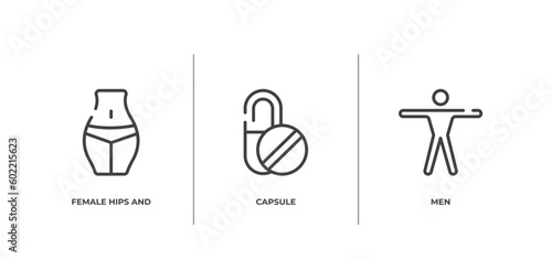 medical icons outline icons set. thin line icons sheet included female hips and waist, capsule, men vector.