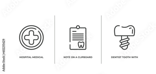 dentist outline icons set. thin line icons sheet included hospital medical, note on a clipboard, dentist tooth with metallic root vector.