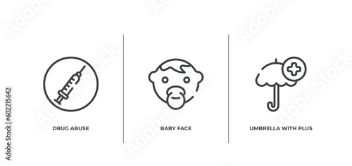medicine and health outline icons set. thin line icons sheet included drug abuse, baby face, umbrella with plus vector.