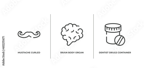 dentist outline icons set. thin line icons sheet included mustache curled tip  brain body organ  dentist drugs container vector.