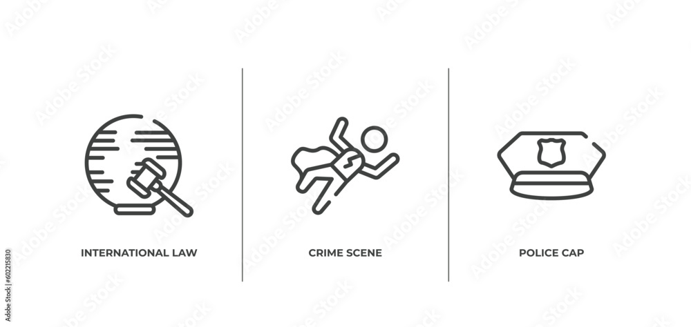 law and justice outline icons set. thin line icons sheet included international law, crime scene, police cap vector.