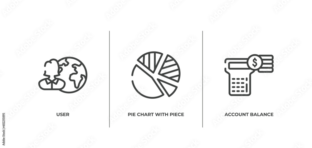 business and finance outline icons set. thin line icons sheet included user, pie chart with piece, account balance vector. - obrazy, fototapety, plakaty 
