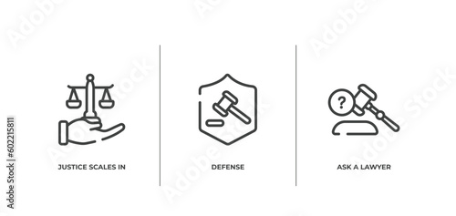 law and justice outline icons set. thin line icons sheet included justice scales in hand, defense, ask a lawyer vector.