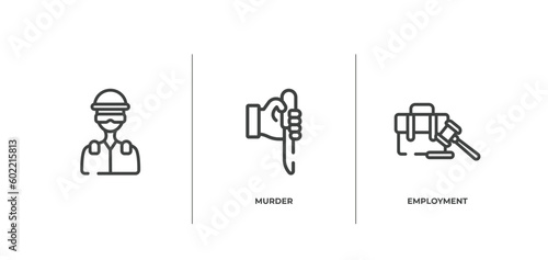 law and justice outline icons set. thin line icons sheet included , murder, employment vector.