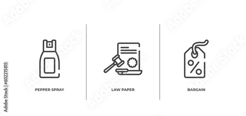 law and justice outline icons set. thin line icons sheet included pepper spray, law paper, bargain vector.