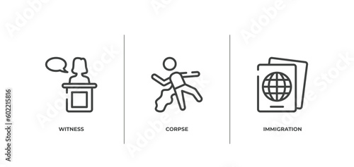 law and justice outline icons set. thin line icons sheet included witness, corpse, immigration vector.