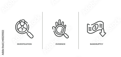 law and justice outline icons set. thin line icons sheet included investigation, evidence, bankruptcy vector.