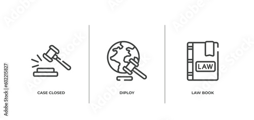 law and justice outline icons set. thin line icons sheet included case closed, diploy, law book vector.