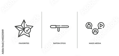 social media marketing outline icons set. thin line icons sheet included favorites, baton stick, mass media vector.