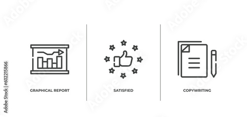 digital marketing outline icons set. thin line icons sheet included graphical report, satisfied, copywriting vector.