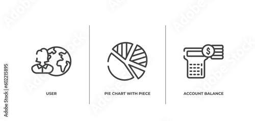 business and finance outline icons set. thin line icons sheet included user, pie chart with piece, account balance vector.