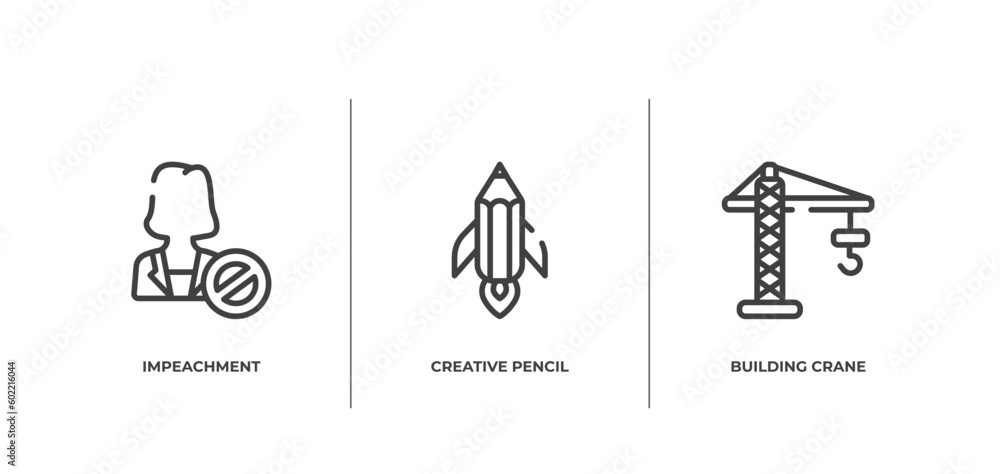 general outline icons set. thin line icons sheet included impeachment, creative pencil rocket, building crane vector.