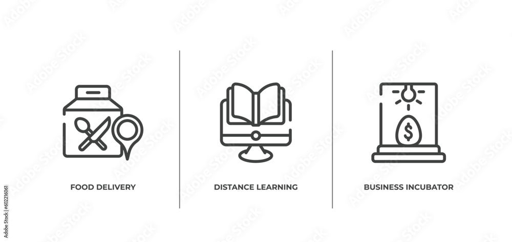 general outline icons set. thin line icons sheet included food delivery, distance learning, business incubator vector. general outline icons set. thin line icons sheet included food delivery, distance learning, business incubator vector.