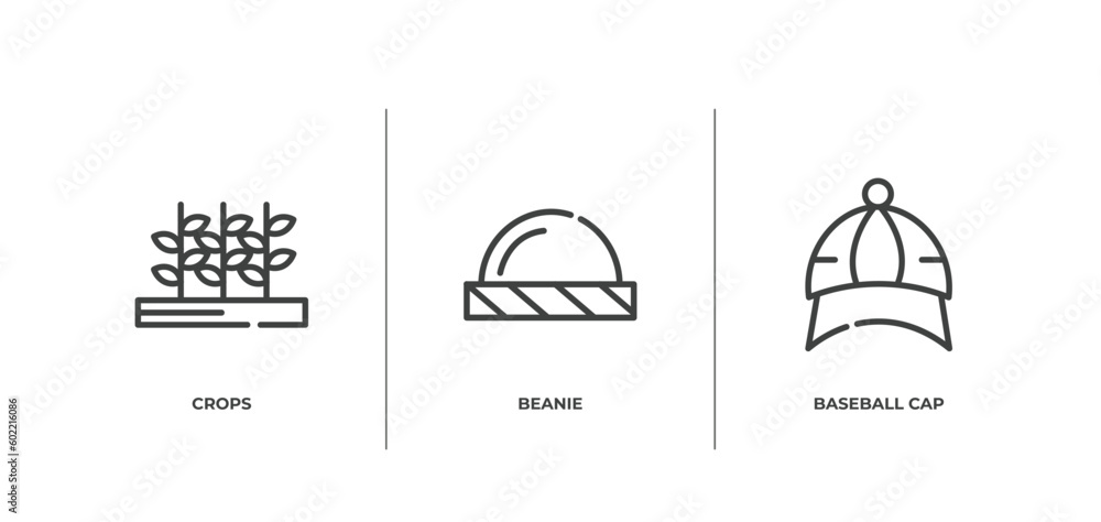 season outline icons set. thin line icons sheet included crops, beanie, baseball cap vector. season outline icons set. thin line icons sheet included crops, beanie, baseball cap vector.
