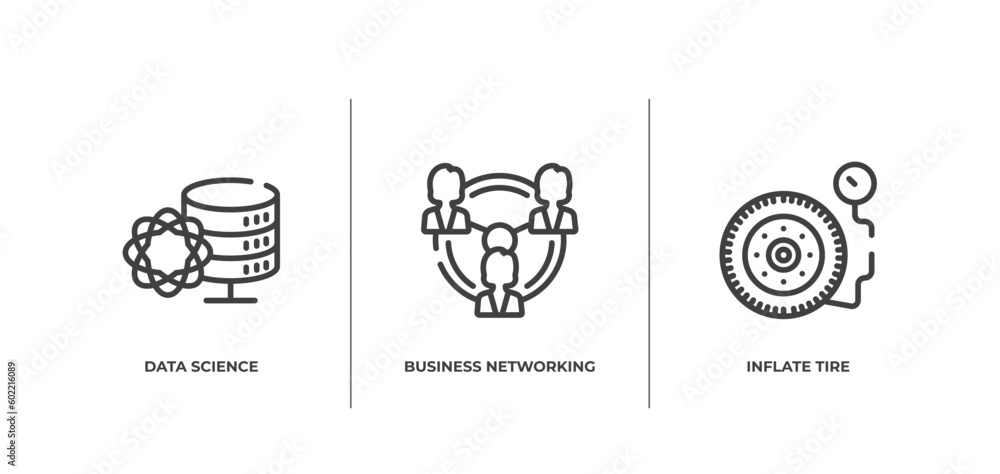 general outline icons set. thin line icons sheet included data science, business networking, inflate tire vector.