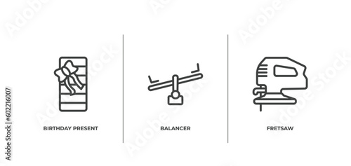 general outline icons set. thin line icons sheet included birthday present, balancer, fretsaw vector.