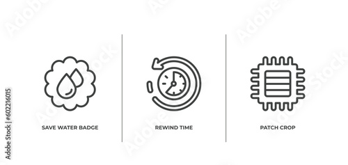 general outline icons set. thin line icons sheet included save water badge, rewind time, patch crop vector.