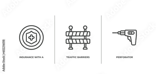 general outline icons set. thin line icons sheet included insurance with a button, traffic barriers, perforator vector.