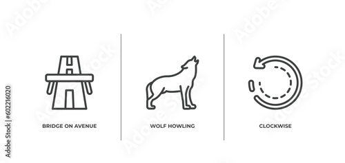 general outline icons set. thin line icons sheet included bridge on avenue perspective, wolf howling, clockwise vector.